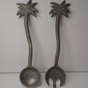 Vintage IHI India Cast Pewter Palm Tree Salad Serving Spoon & Fork Set 13"